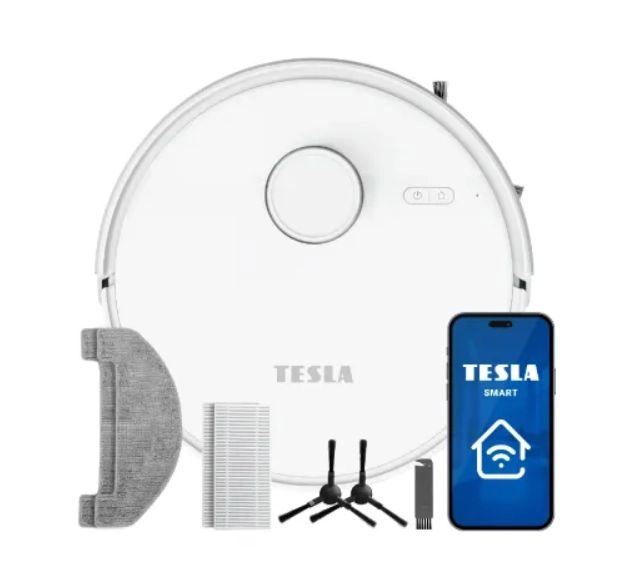 bílý laserový robotický vysavač s aplikací na displeji telefonu