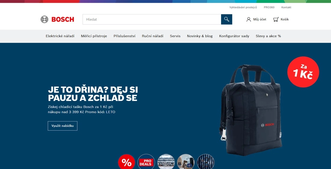 Stránka e-shopu Bosch s batohem a popisem