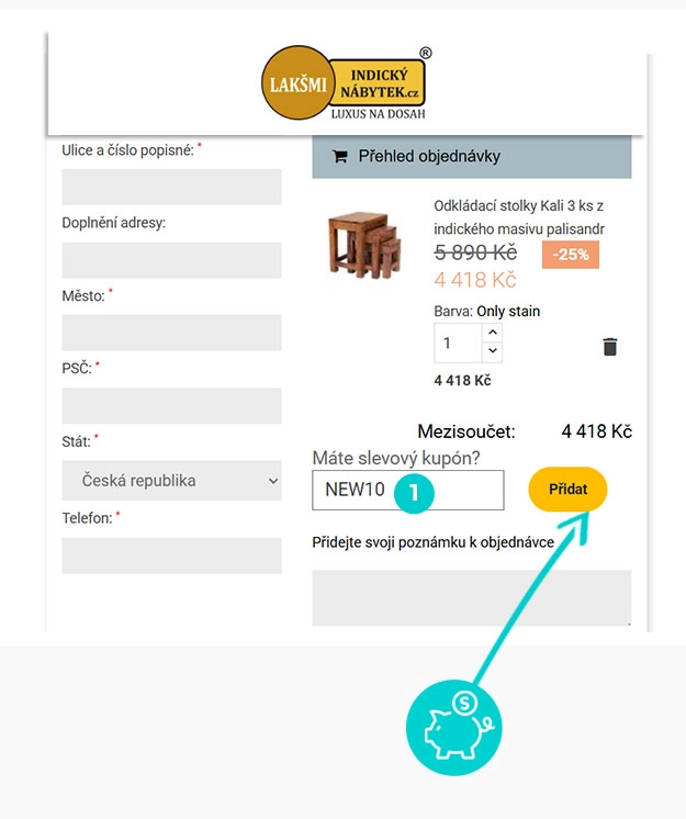 Návod jak uplatnit slevový kód v košíku e-shopu Indický nábytek