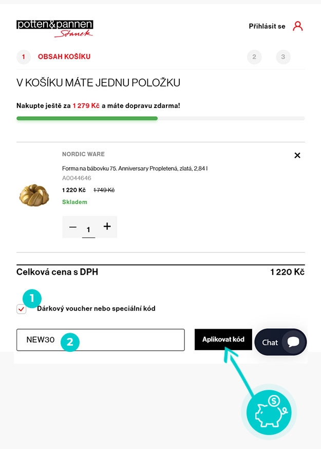 Návod jak uplatnit slevový kód v košíku e-shopu Potten Pannen