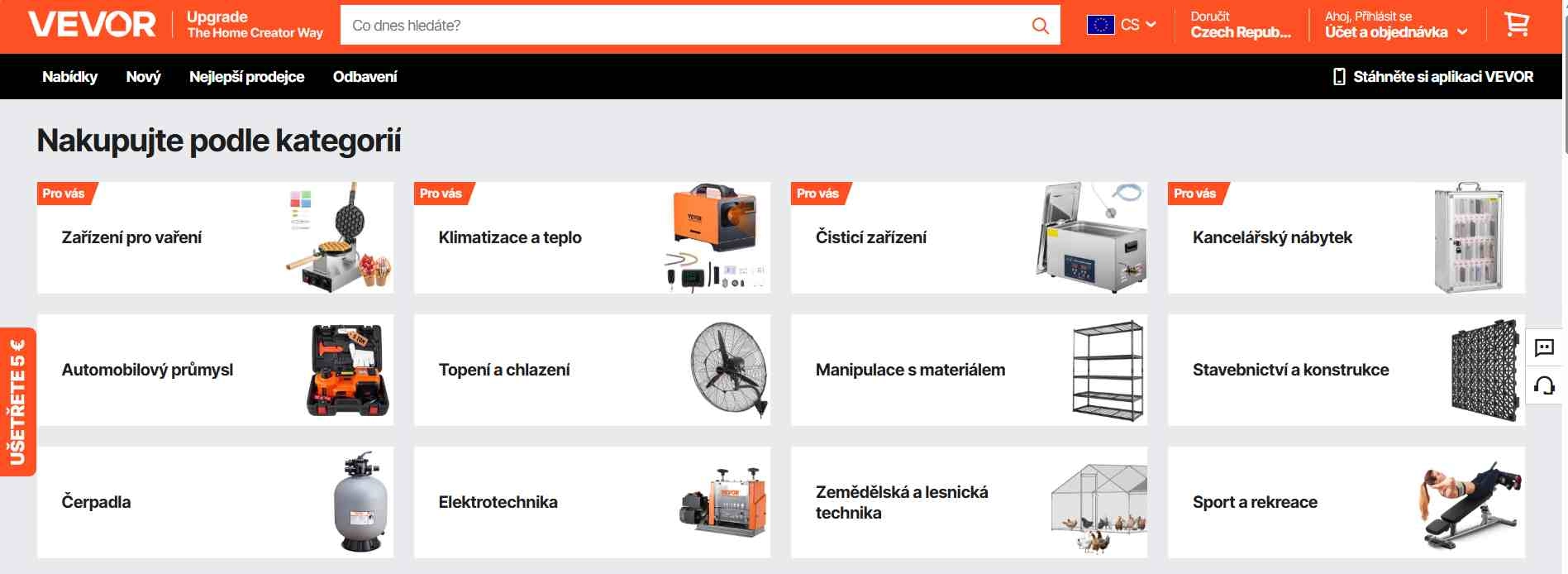 webové stránky e-shopu s ikonami kategorií