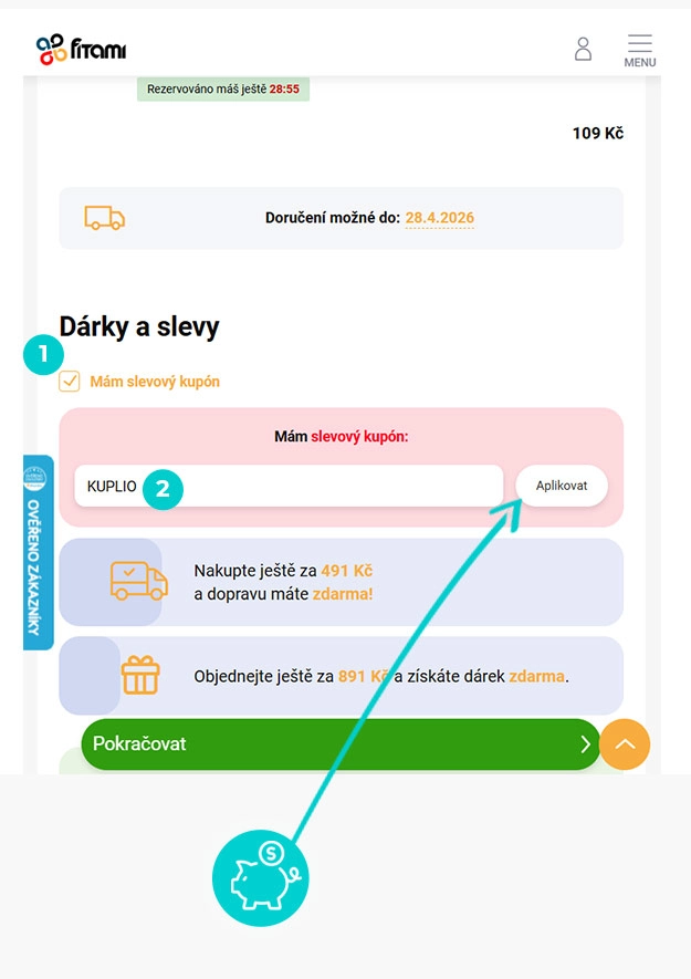 Návod jak uplatnit slevový kód v košíku e-shopu Fitami