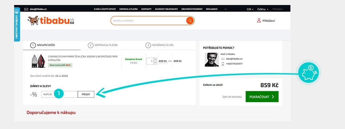 Návod jak uplatnit slevový kód v košíku e-shopu tibabu.cz
