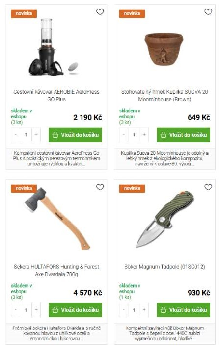 Bushcraftshop - cestovní kávovar, stohovatelný hrnek, sekera, skládací nožík