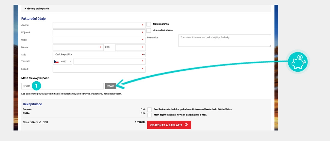 Návod jak uplatnit slevový kód v košíku e-shopu Bonmoto.cz