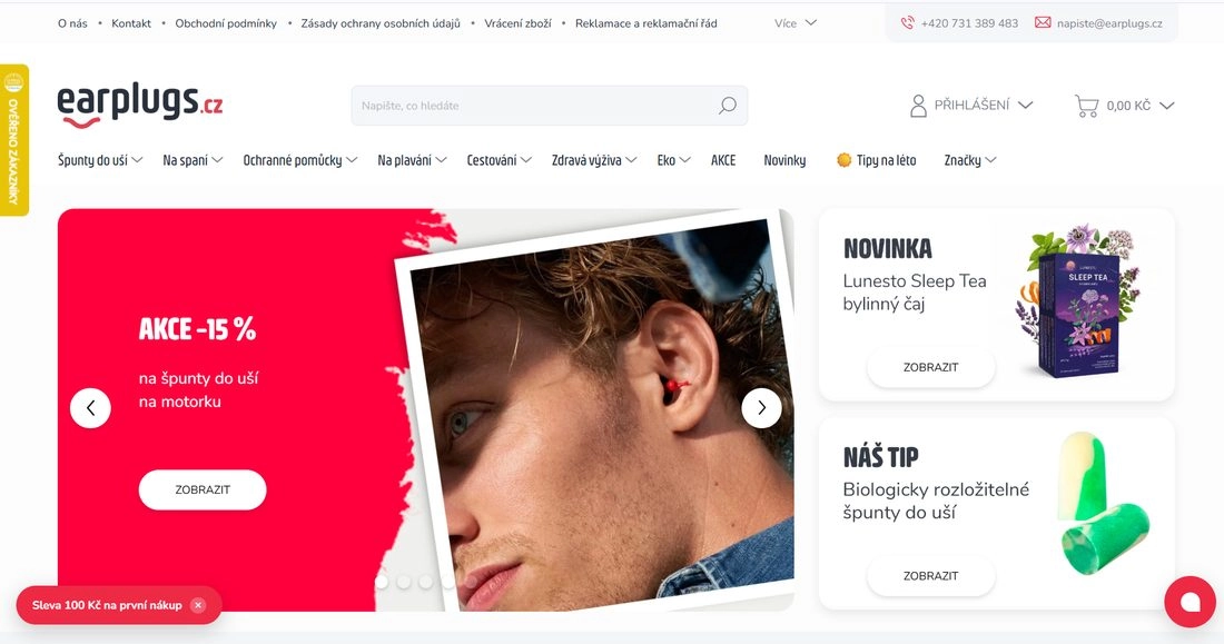 Stránka e-shopu Earplugs
