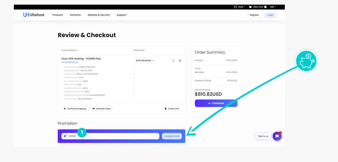 Návod jak uplatnit slevový kód v košíku e-shopu UltaHost