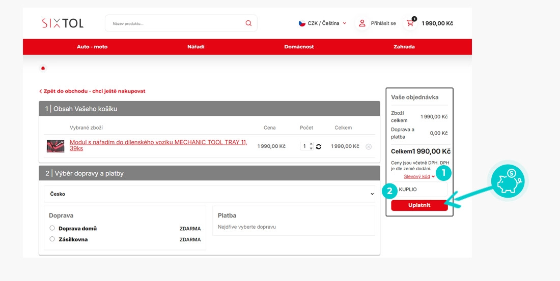 Návod jak uplatnit slevový kód v košíku e-shopu Sixtol