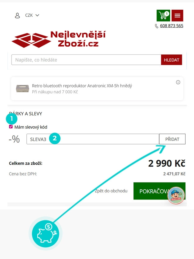 Návod jak uplatnit slevový kód v košíku e-shopu Nejlevnější zboží