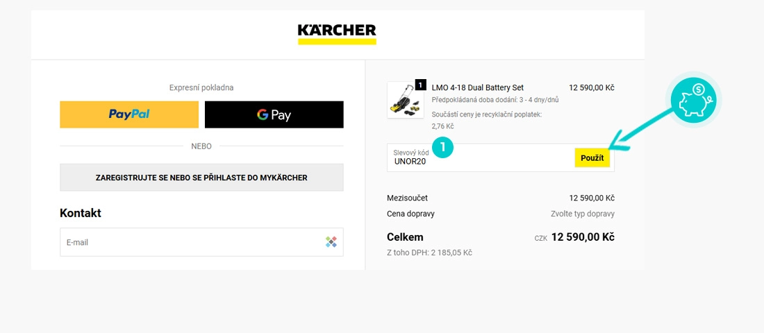 Návod jak uplatnit slevový kód v košíku e-shopu Kärcher