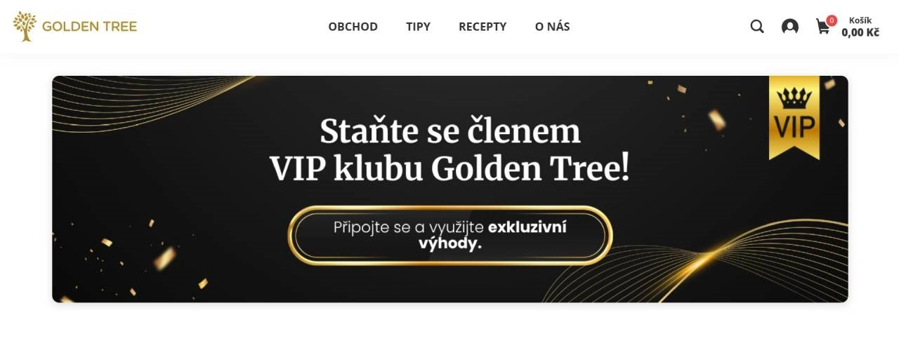 homepage Golden Tree s nabídkou stát se členem VIP klubu