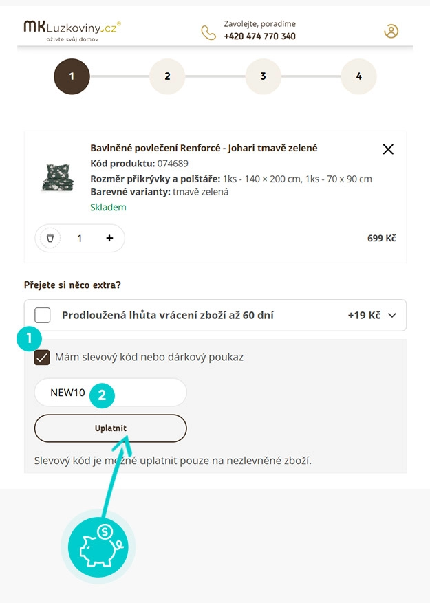 Návod jak uplatnit slevový kód v košíku e-shopu MK Lůžkoviny