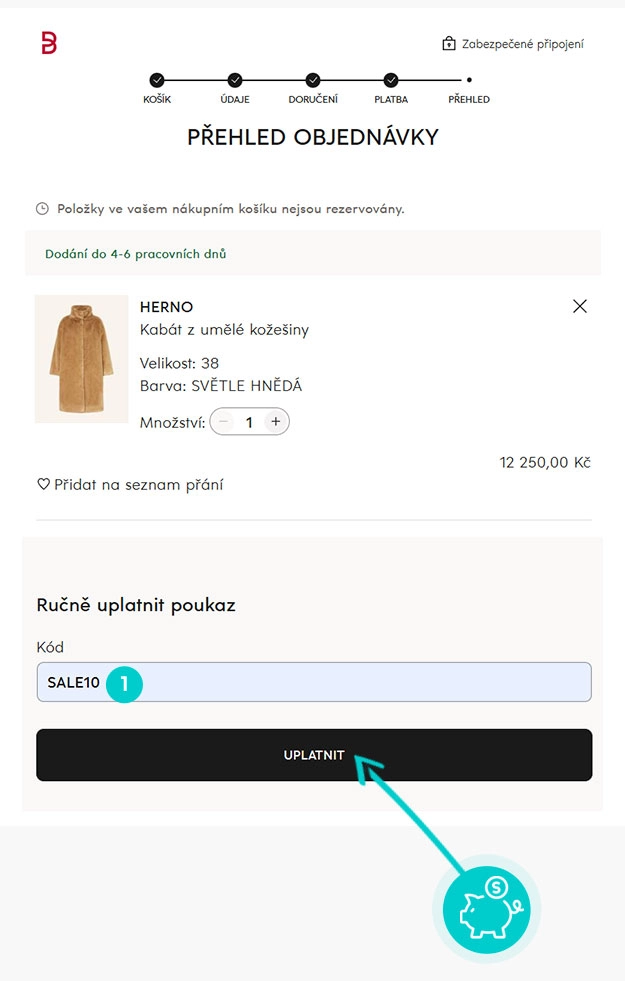 Návod jak uplatnit slevový kód v košíku e-shopu Breuninger