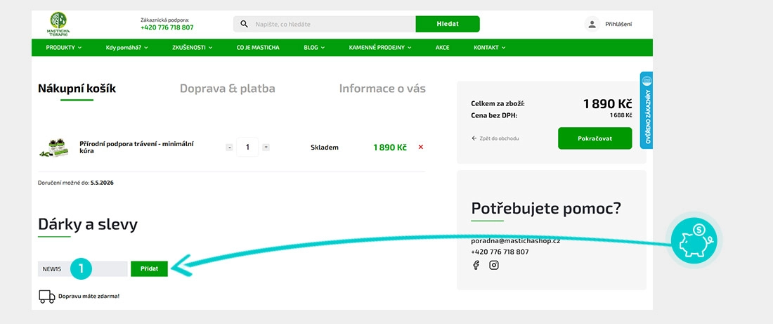 Návod jak uplatnit slevový kód v košíku e-shopu MastichaShop