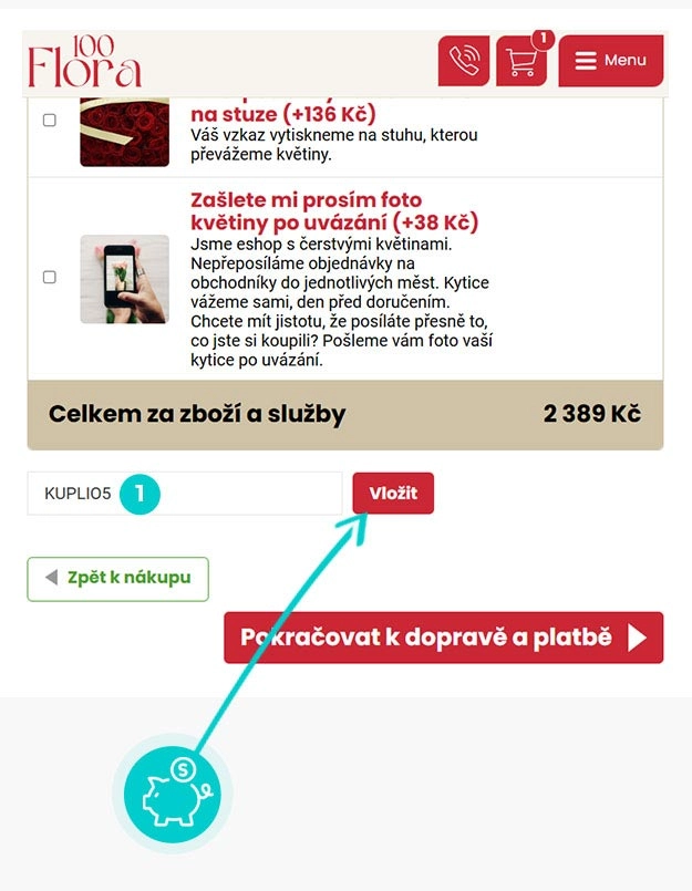 Návod jak uplatnit slevový kód v košíku e-shopu Flora100