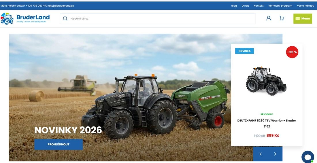 Stránka e-shopu Bruderland s traktorem