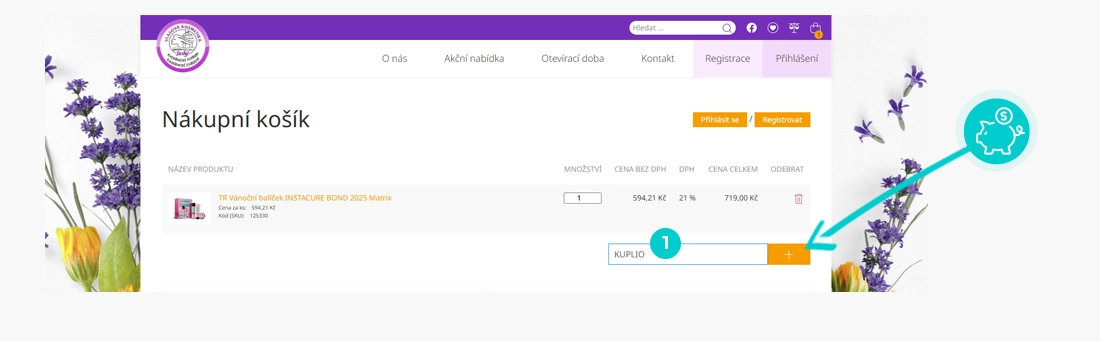 Návod jak uplatnit slevový kód v košíku e-shopu Vlasová kosmetika Suchý