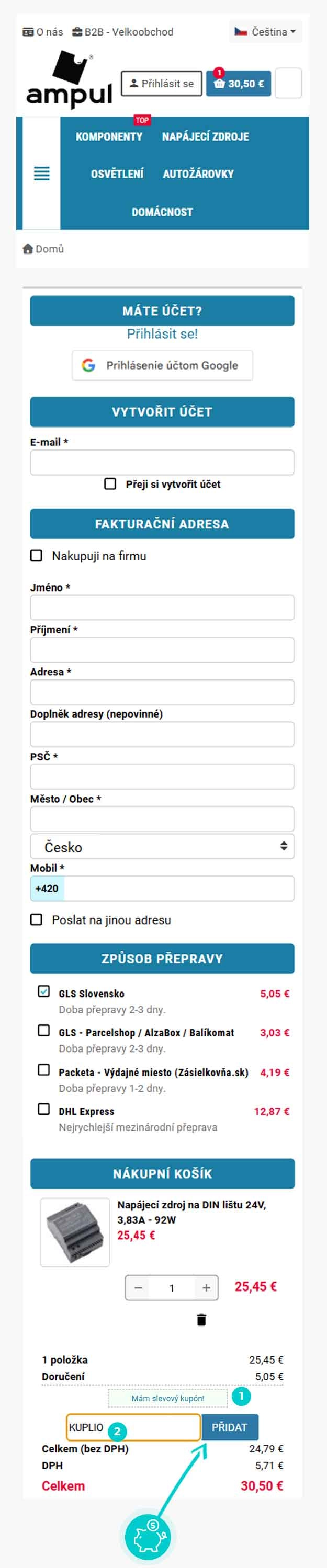 Návod jak uplatnit slevový kód v košíku e-shopu Ampul