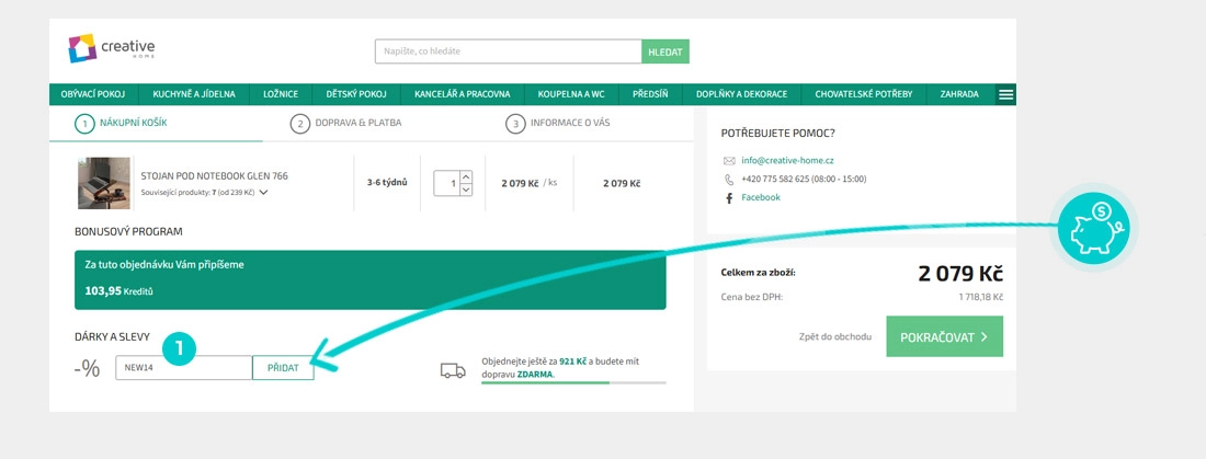 Návod jak uplatnit slevový kód v košíku e-shopu creative home