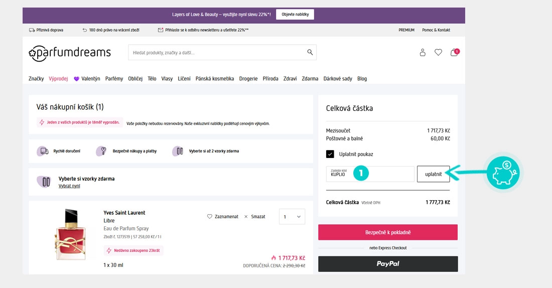 Návod jak uplatnit slevový kód v košíku e-shopu parfumdreams