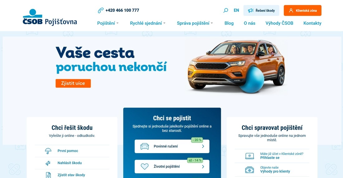 stránka ČSOB pojišťovny s autem