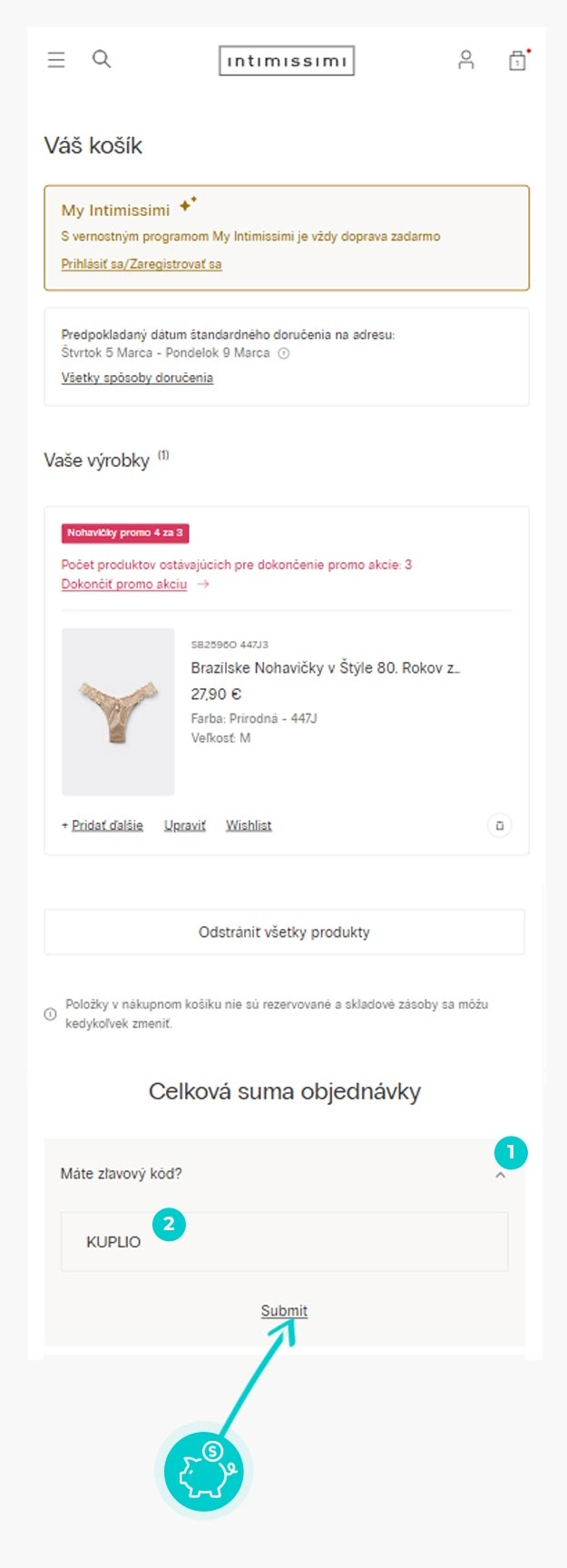 Návod jak uplatnit slevový kód v košíku e-shopu Intimissimi