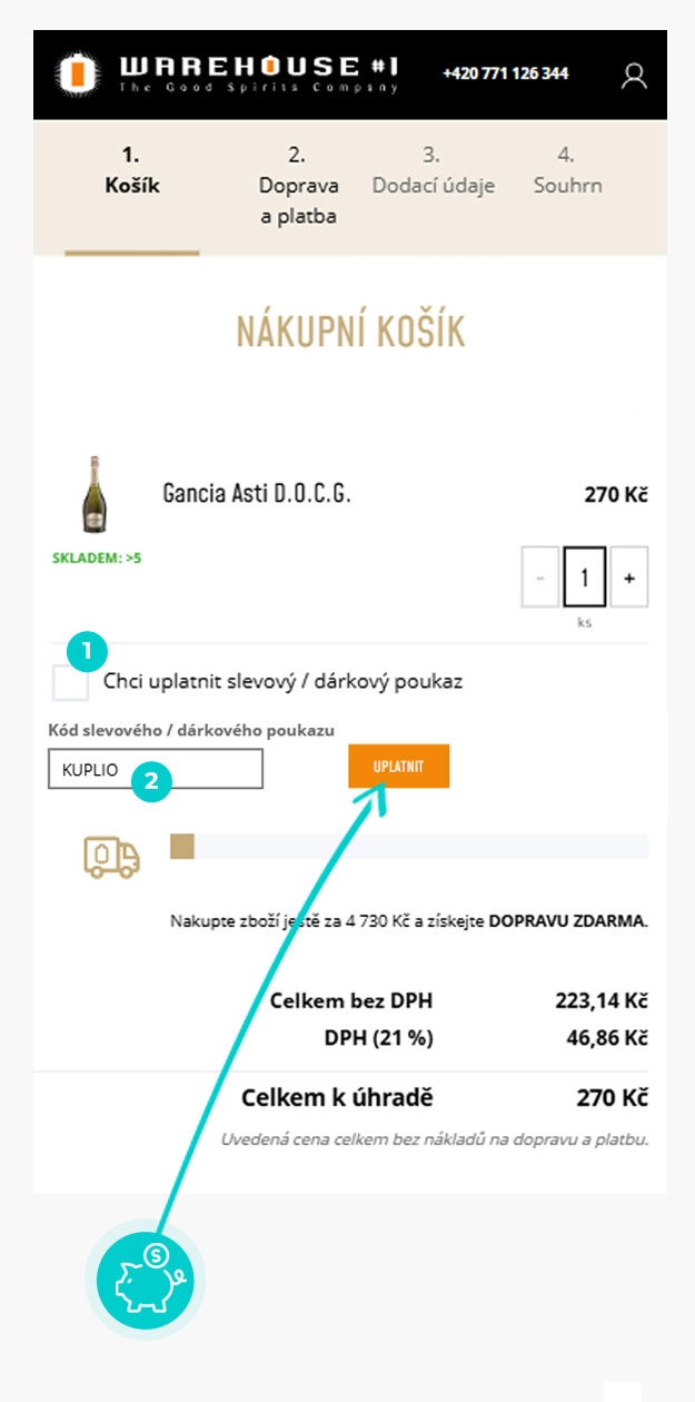 Návod jak uplatnit slevový kód v košíku e-shopu Warehouse #1
