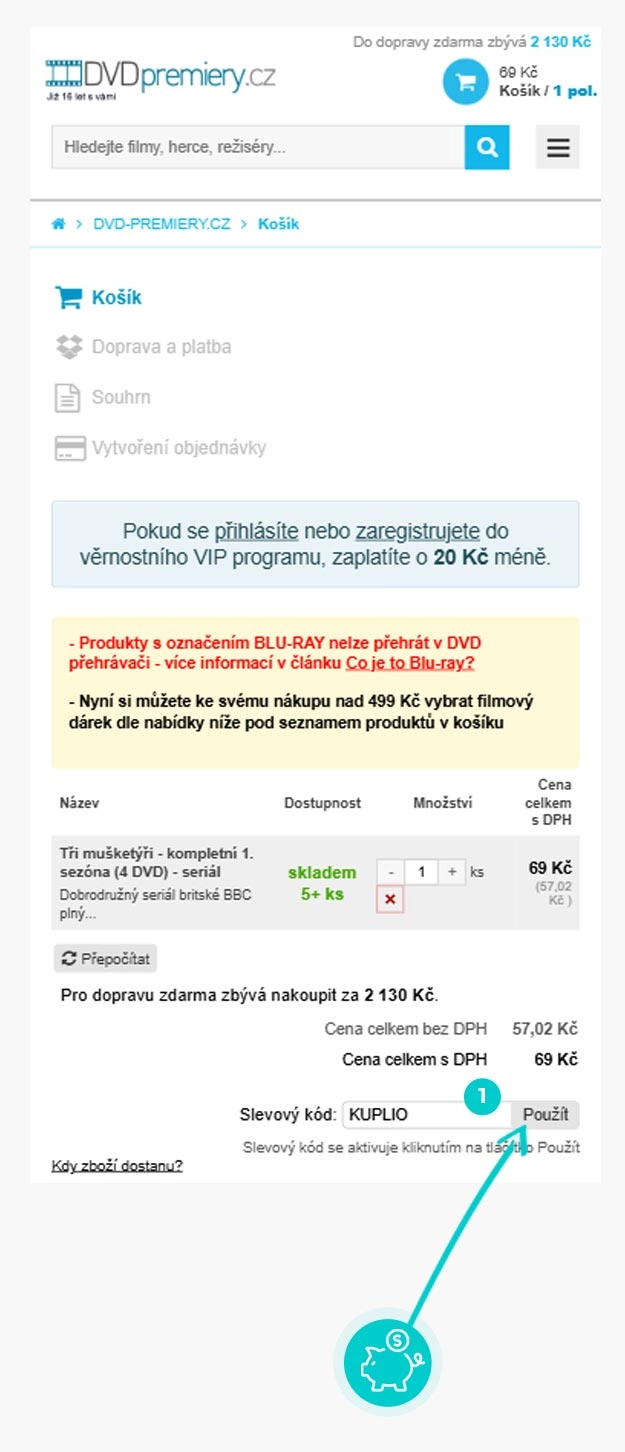 Návod jak uplatnit slevový kód v košíku e-shopu DVD premiéry