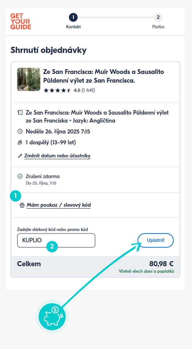 Návod jak uplatnit slevový kód v košíku e-shopu GetYourGuide