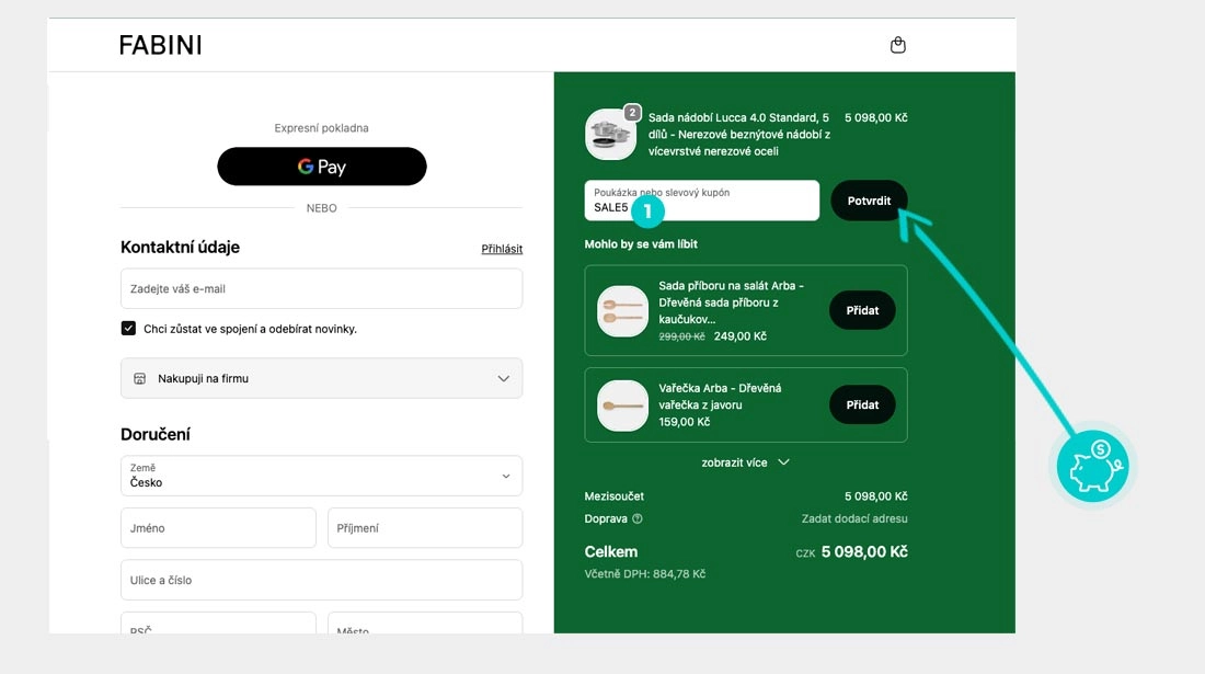 Návod jak uplatnit slevový kód v košíku e-shopu Fabini