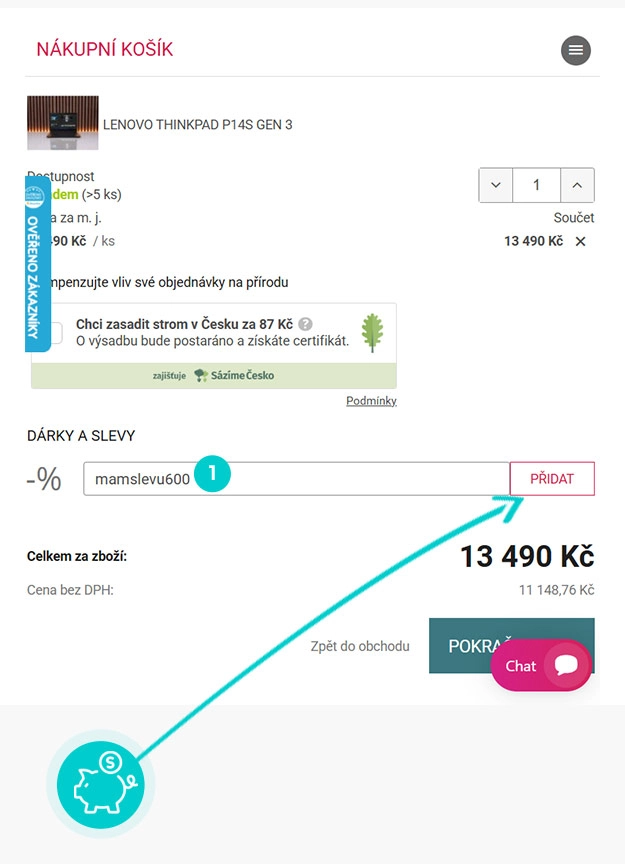Návod jak uplatnit slevový kód v košíku e-shopu Počítače24