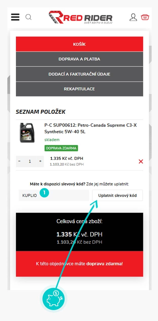 Návod jak uplatnit slevový kód v košíku e-shopu Red Rider