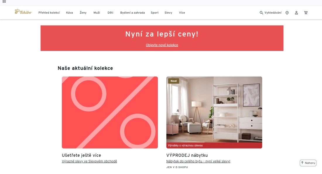Červeno bílá stránka e-shopu Tchibo s procenty a vpravo foto pokoje.
