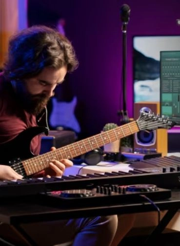 Muž za studiovým monitorem s kytarou v ruce