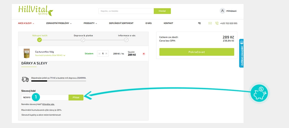 Návod jak uplatnit slevový kód v košíku e-shopu HillVital