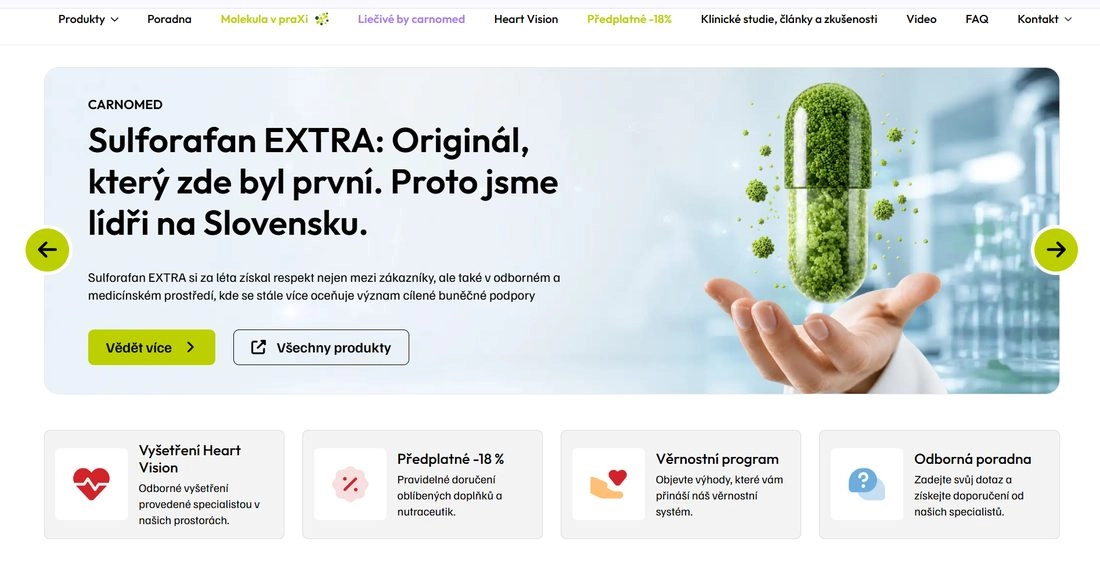 Stránka e-shopu Cardomend s rukou a nad ní zelená pilulka