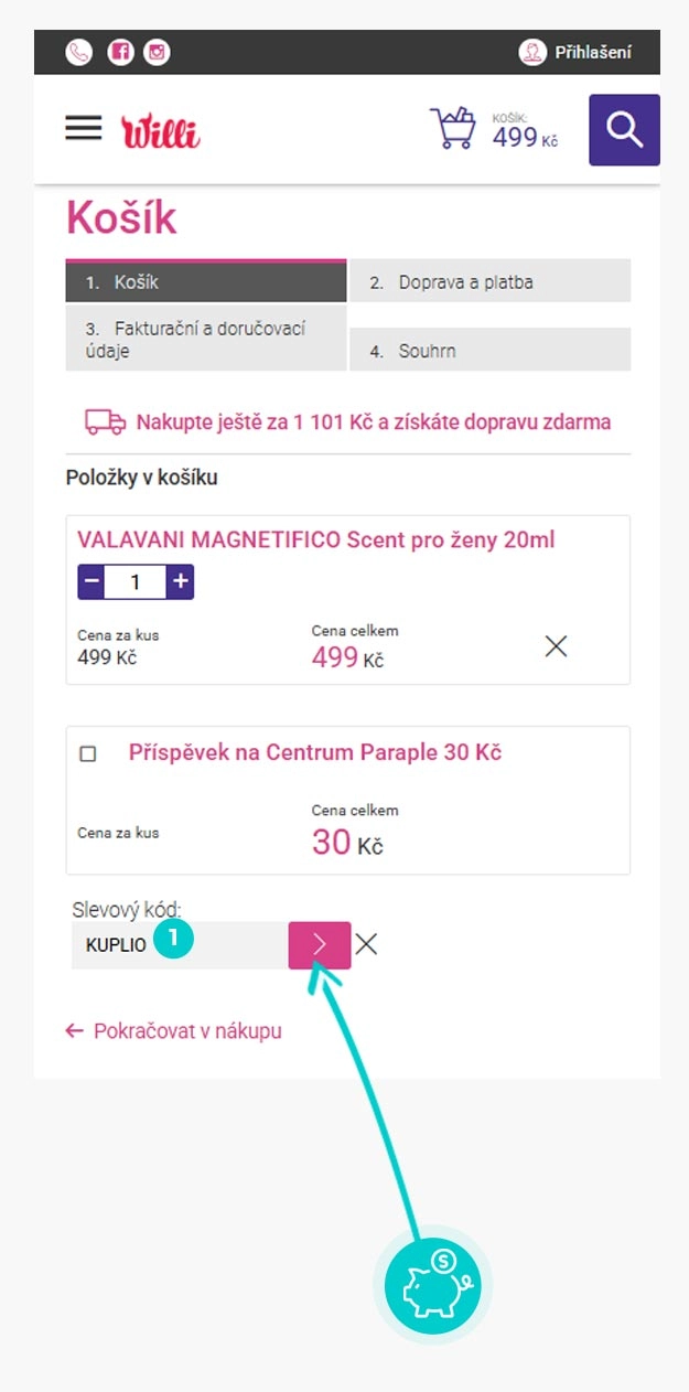 Návod jak uplatnit slevový kód v košíku e-shopu Willi