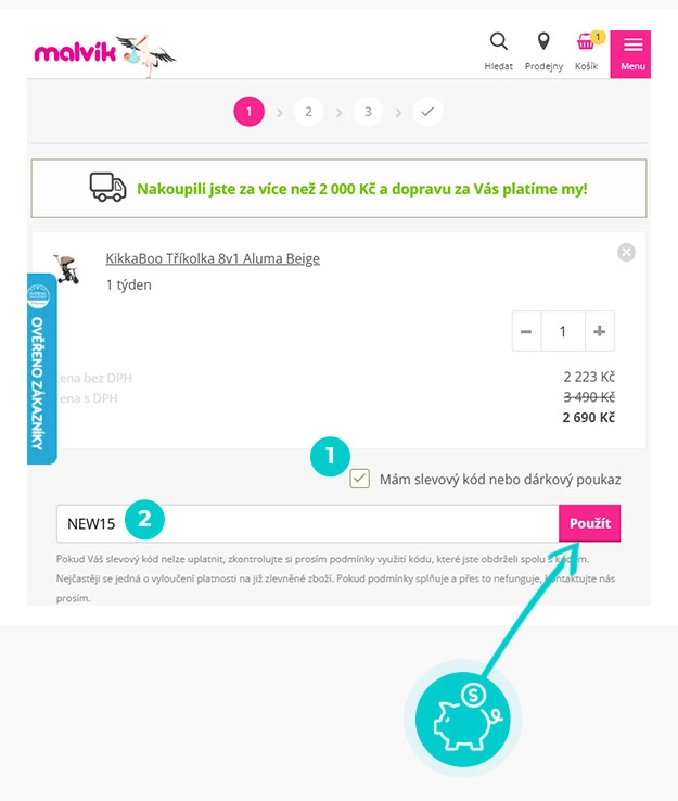 Návod jak uplatnit slevový kód v košíku e-shopu malvík