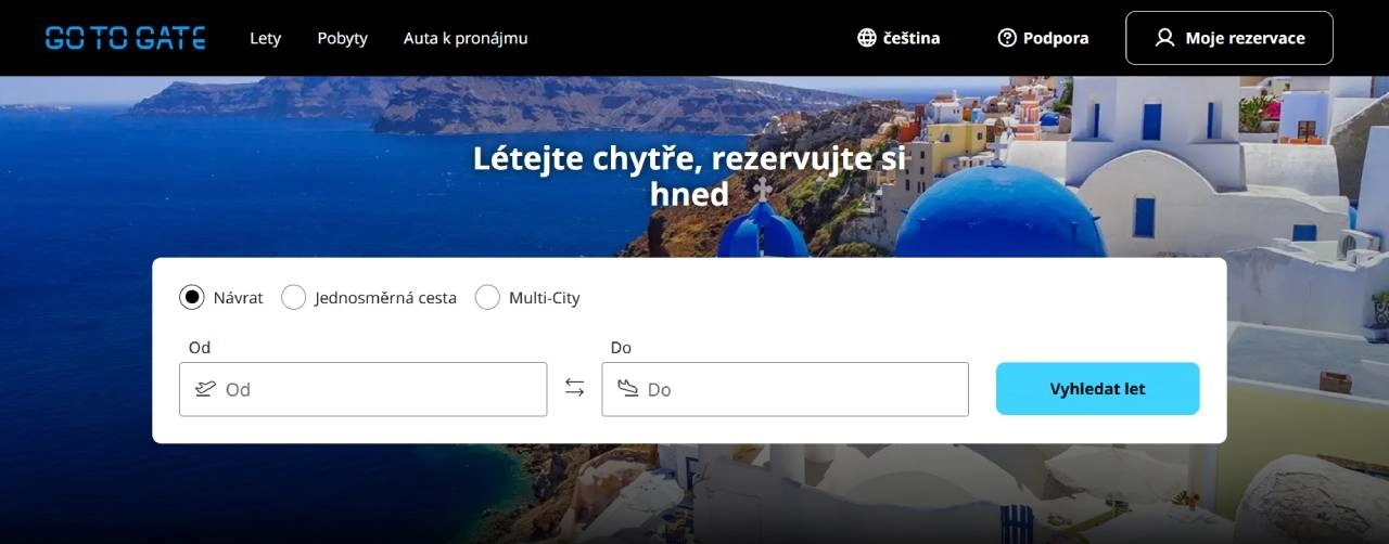 homepage Gotogate s vyhledávačem letenek a Santorini
