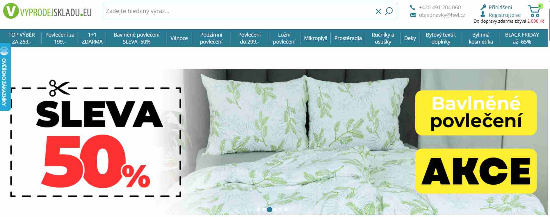 webové stránky e-shopu s nabídkou hlavních kategorií a akčním zbožím