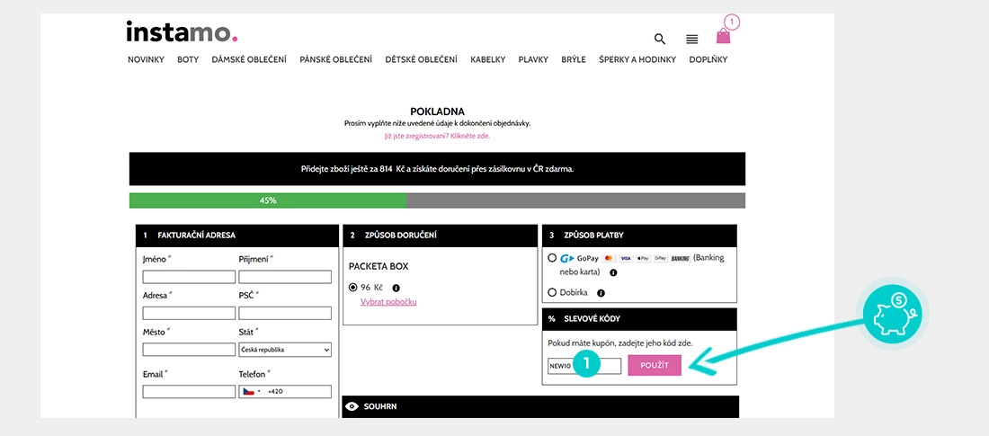 Návod jak uplatnit slevový kód v košíku e-shopu instamo