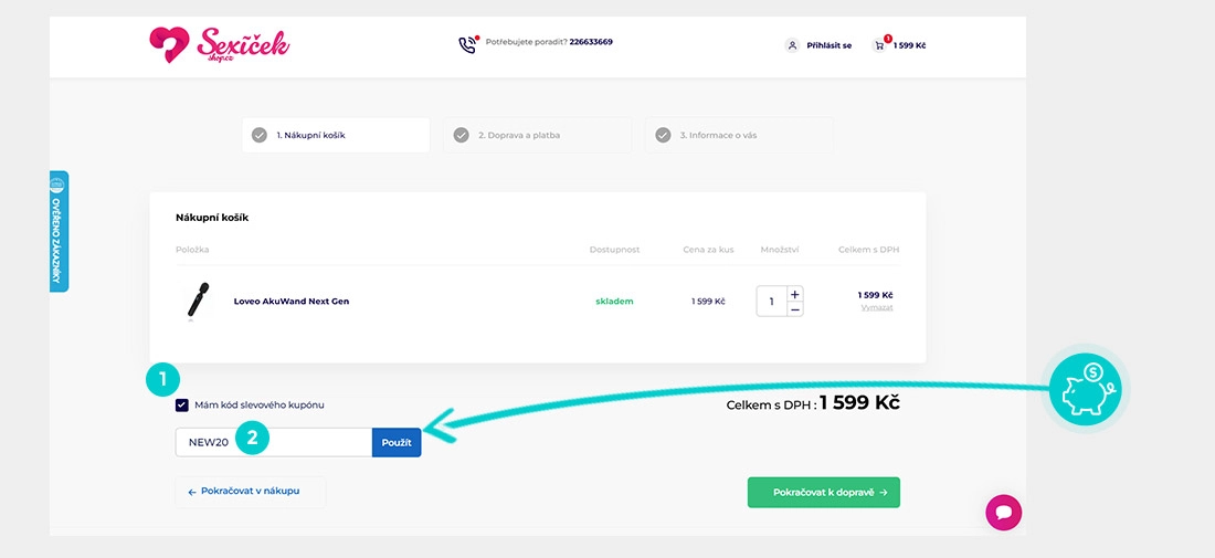 Návod jak uplatnit slevový kód v košíku e-shopu Sexicekshop