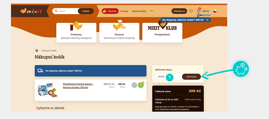 Návod jak uplatnit slevový kód v košíku e-shopu Mixit
