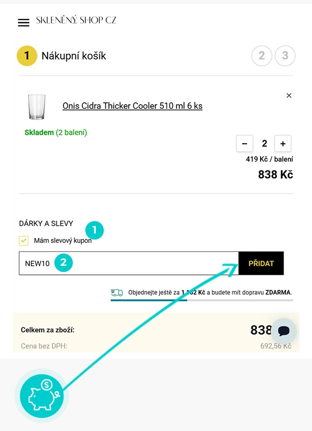 Návod jak uplatnit slevový kód v košíku e-shopu Skleněný shop