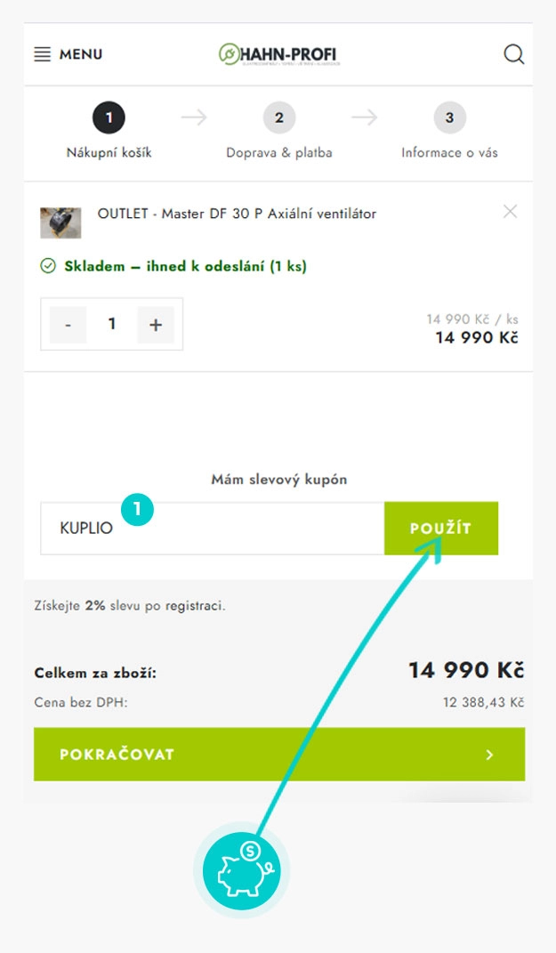Návod jak uplatnit slevový kód v košíku e-shopu Hahn Profi