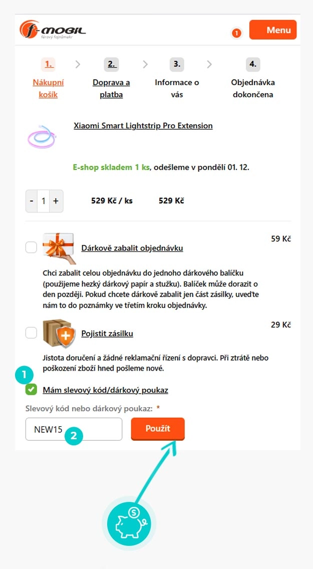 Návod jak uplatnit slevový kód v košíku e-shopu f-mobil