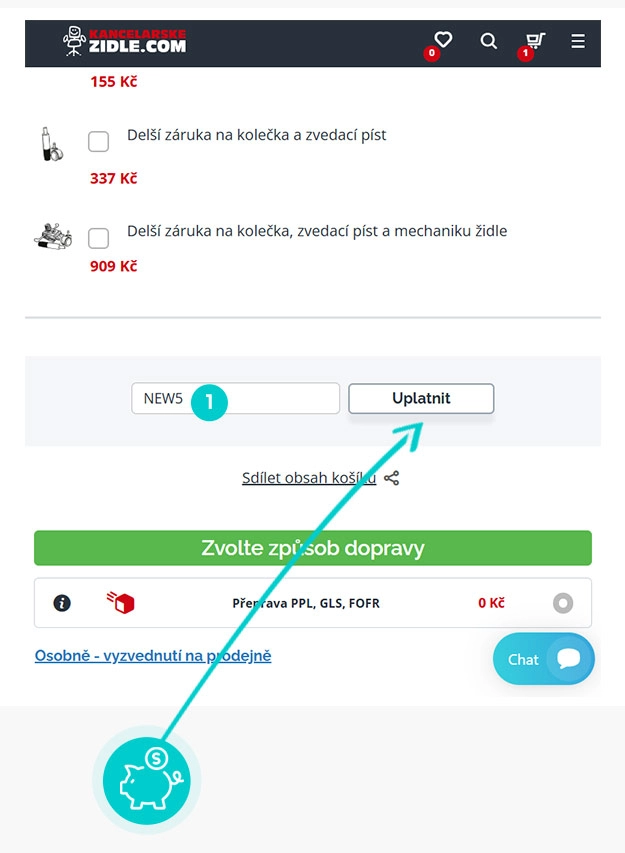 Návod jak uplatnit slevový kód v košíku e-shopu Kancelarskezidle