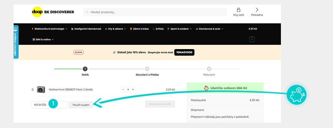 Návod jak uplatnit slevový kód v košíku e-shopu Doopshop