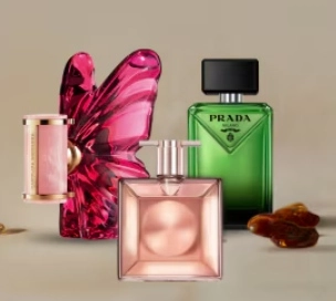 tři parfémy na nude pozadí