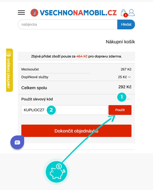 Návod jak uplatnit slevový kód v košíku e-shopu Vsechnonamobil